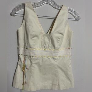 Cream Sleeveless V-Neck Tibi Top with Multicolor Embroidery